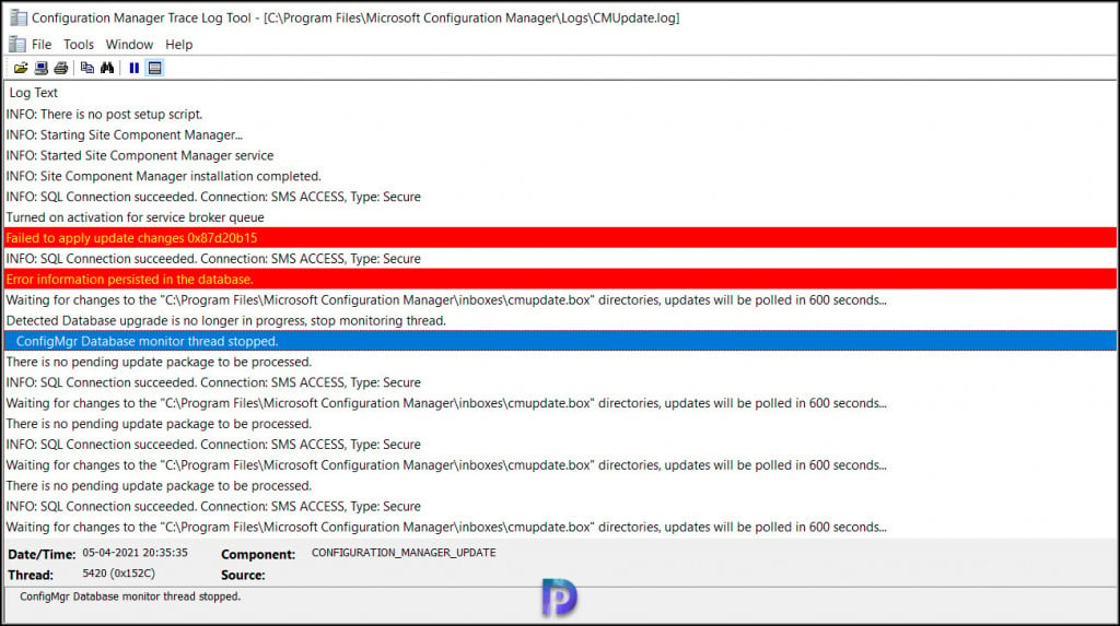 ConfigMgr Database Upgrade Error 0x87d20b15