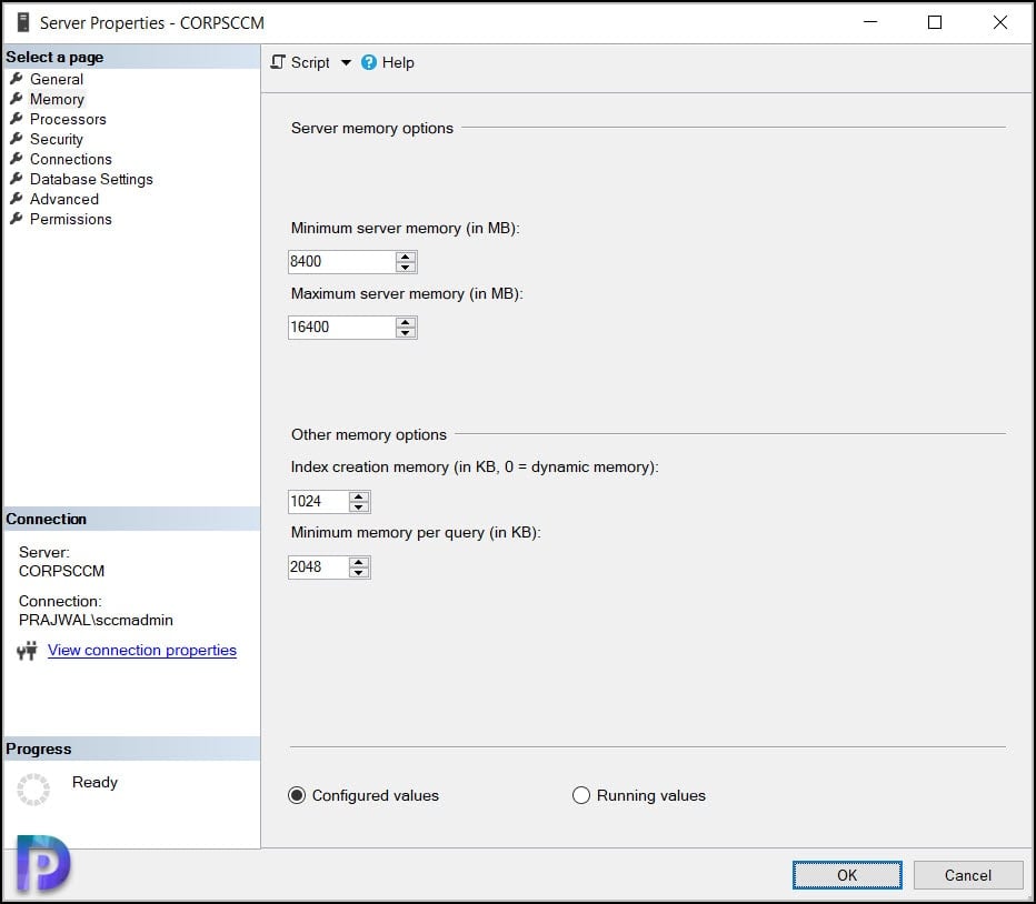 SQL Index create memory is not configured as default value of 0 and might hit issue