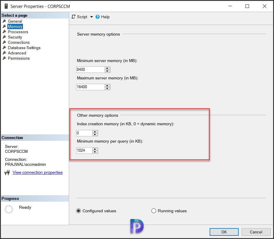 SQL Server Index Creation Memory