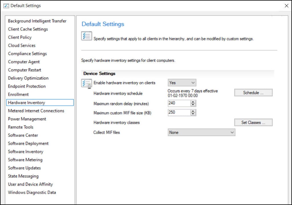 Hardware Inventory Default Client Settings