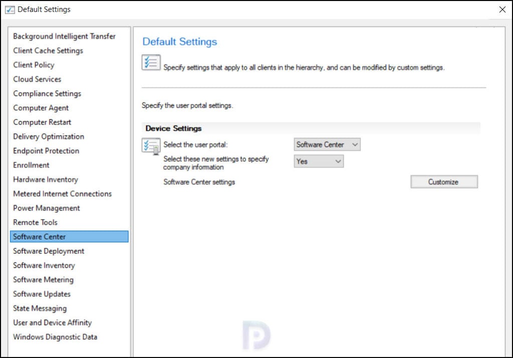 Software Center Default SCCM Client Settings