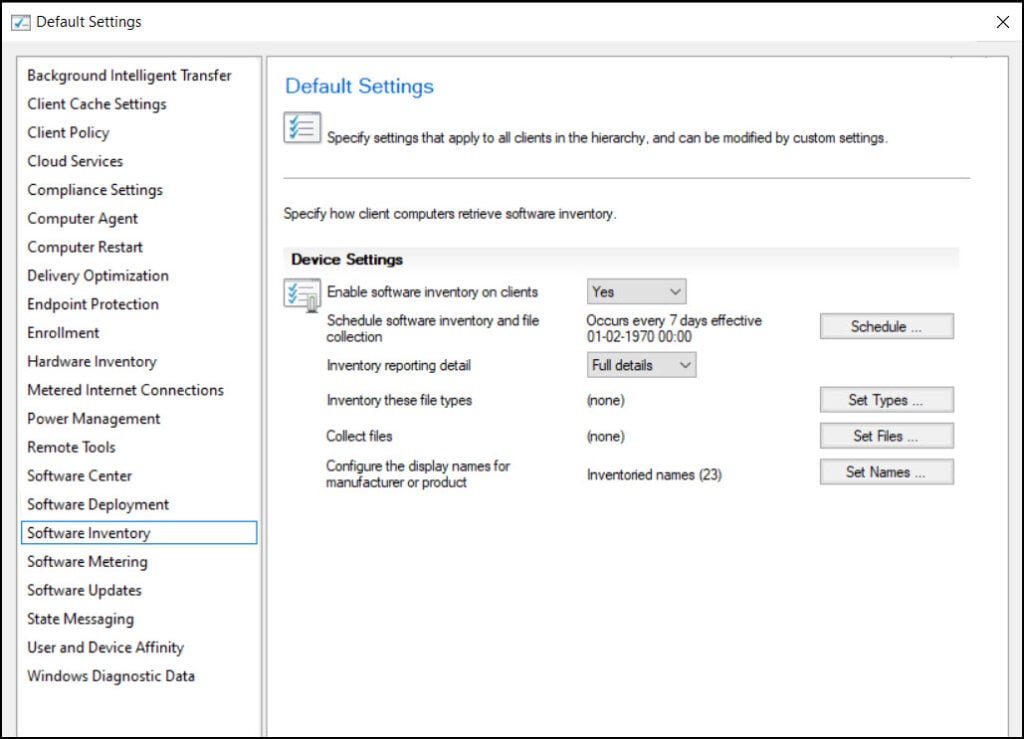 Software Inventory | Configure Client Settings in SCCM