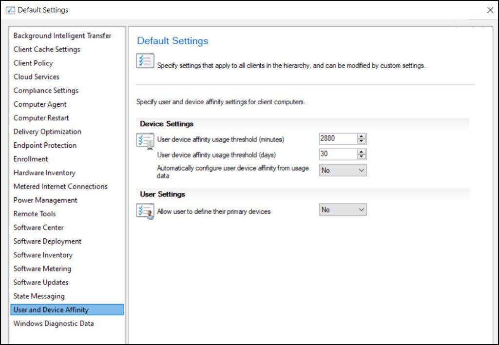 User and Device Affinity | Configure Client Settings in SCCM