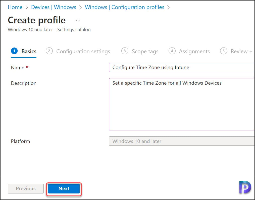 Specify the Configuration Profile Name and Description