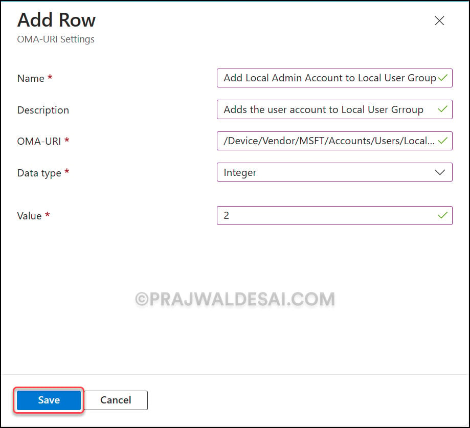 OMA URI Settings for adding account to Local User Group