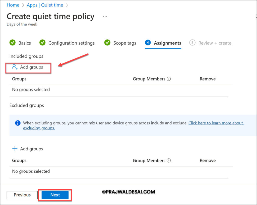 Create Quiet Time Policy in Intune