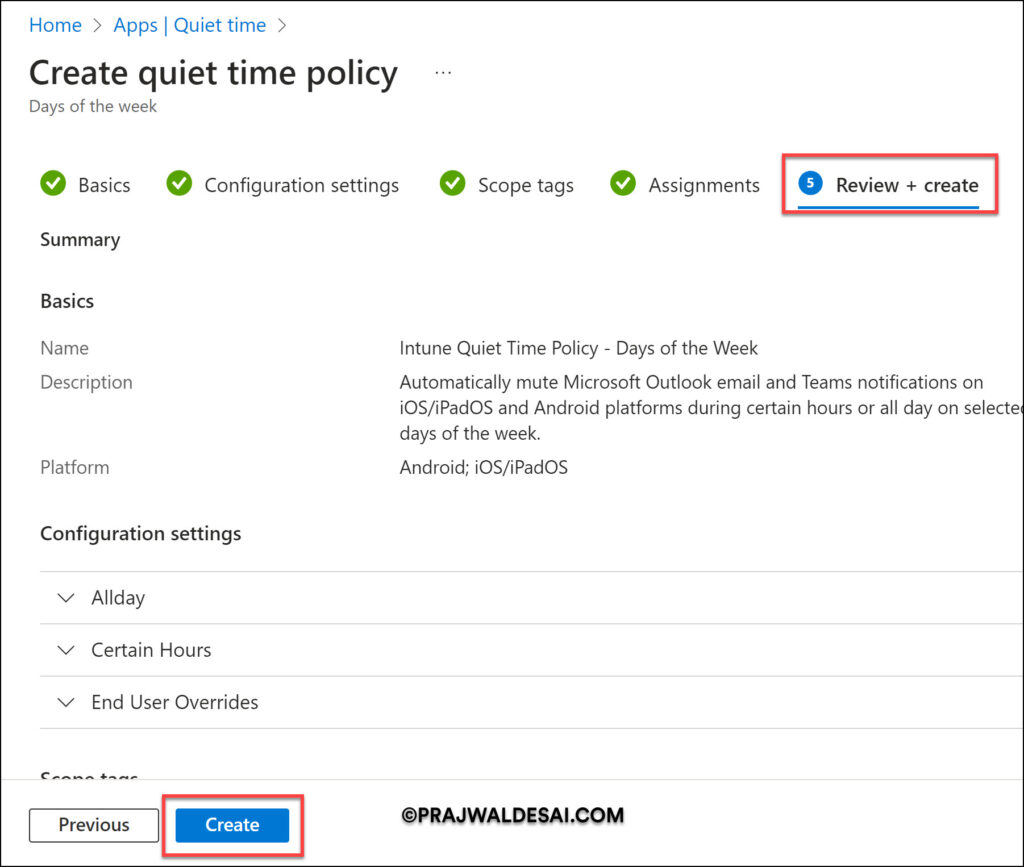 Create Quiet Time Policy in Intune