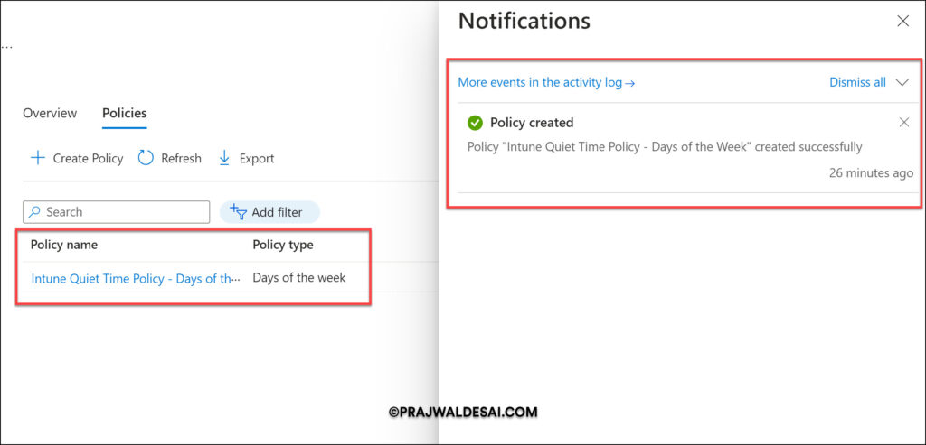 View Quiet Time Policies in Intune