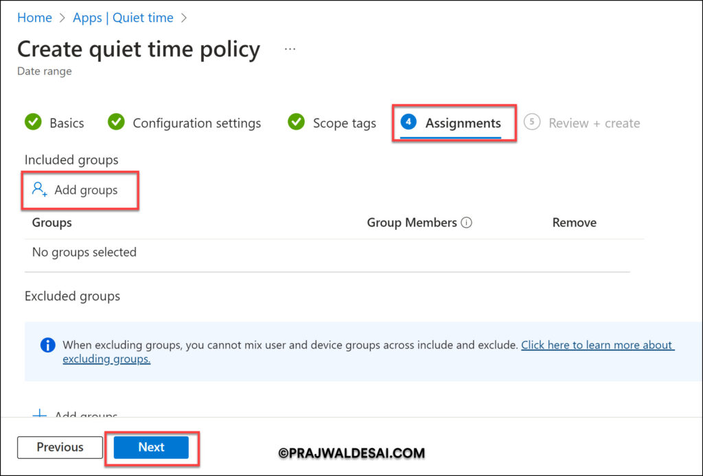 Intune Quiet Time Policy - Date Range Policy Configuration Settings