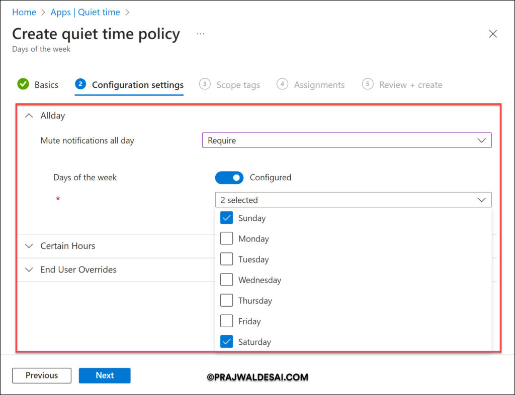 Intune Quiet Time Policy - All Day Notification Settings