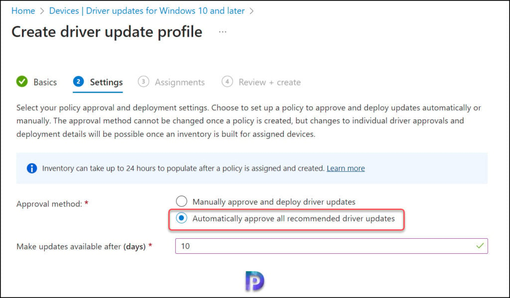 Automatic Driver Updates Approval Method options