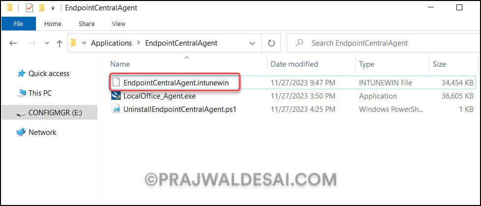 Create EndpointCentralAgent.intunewin file for deployment