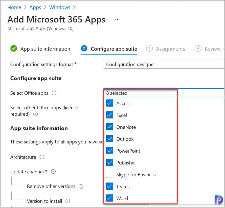 Select Microsoft 365 Apps