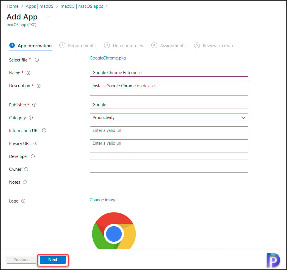 Configure app information for .PKG app