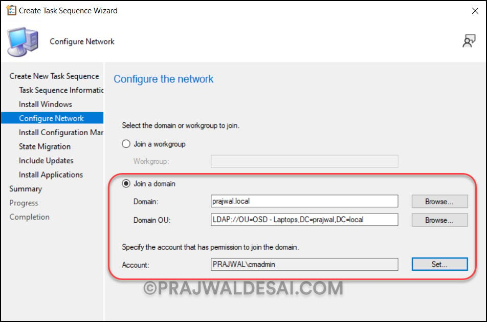 Configure Network and Domain Join Settings