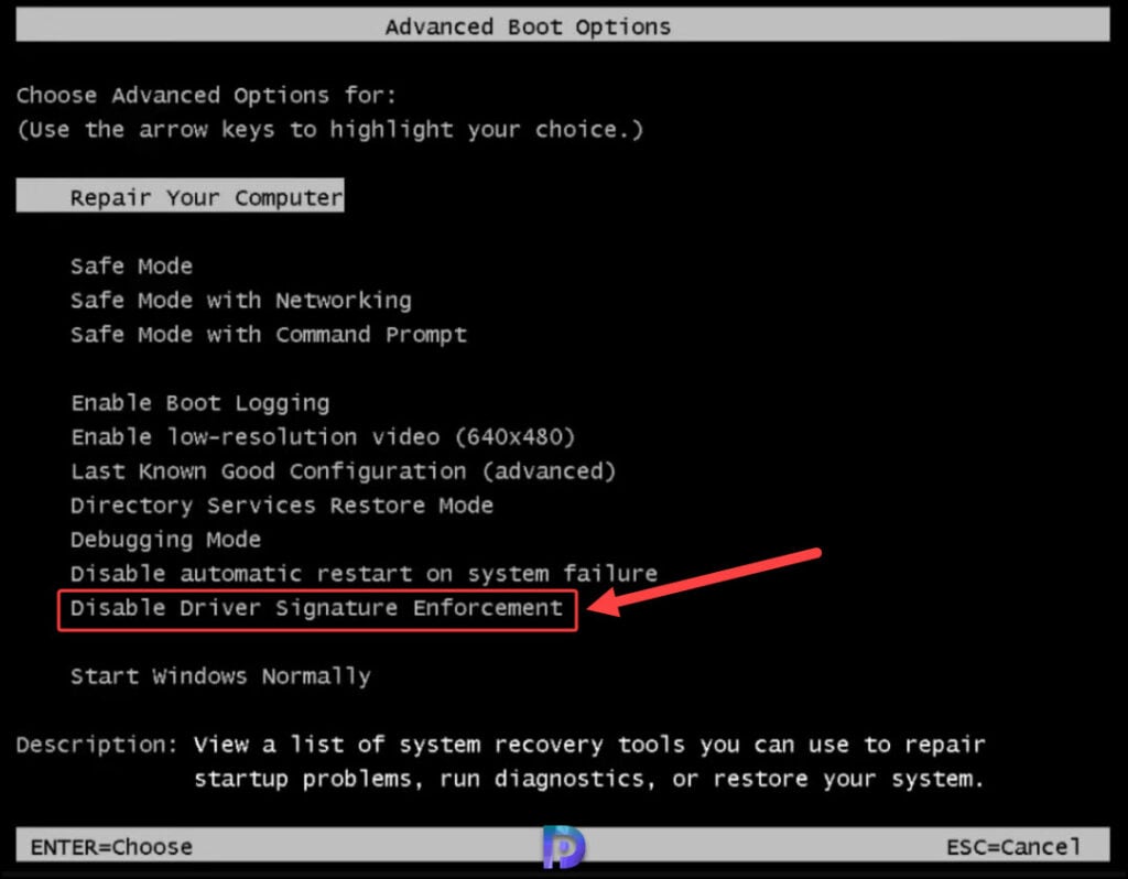 Turn off Driver Signature Enforcement from Advanced Boot Options