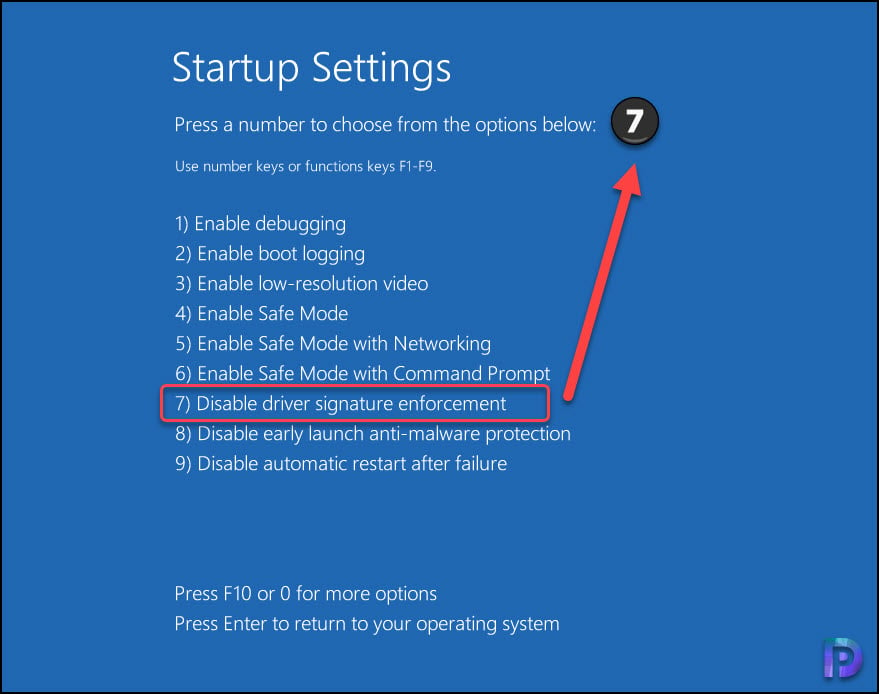 Disable Driver Signature Enforcement in Startup Settings