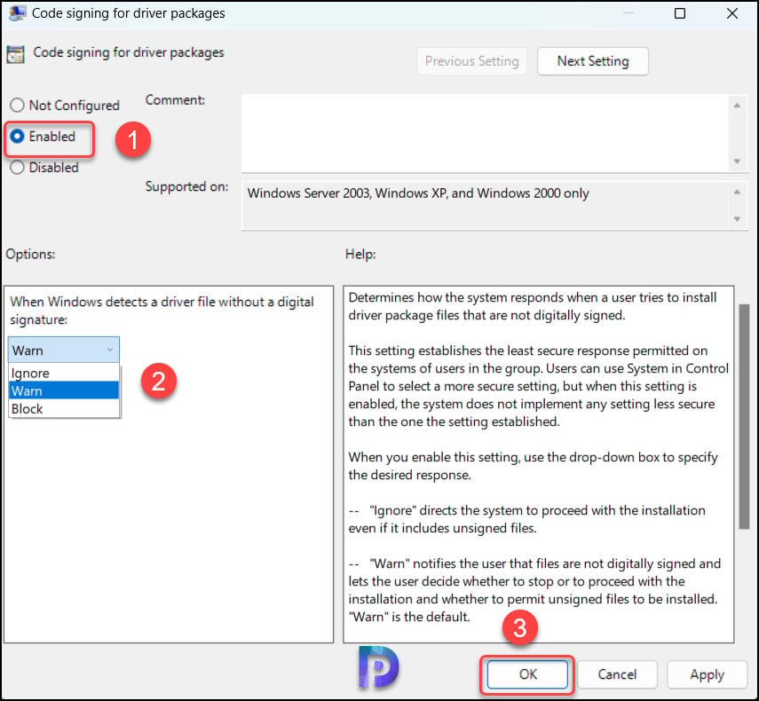 Disable Driver Signature Enforcement using Group Policy