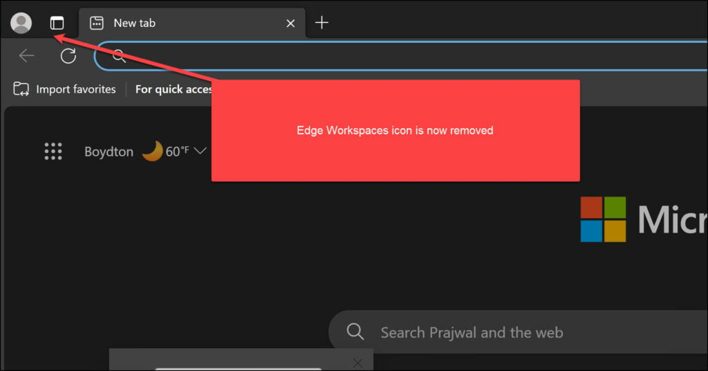Edge Workspaces Icon Removed