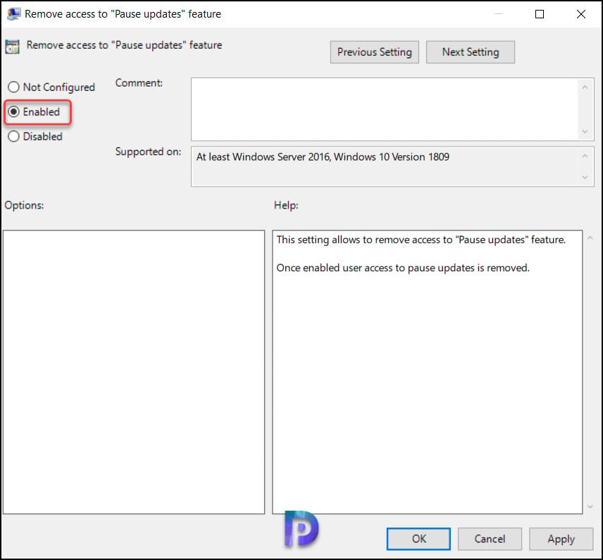 Using Local Group Policy Editor to turn off access to Pause Updates feature