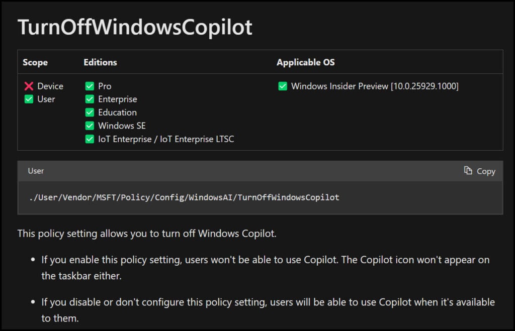 Intune Policy CSP to turn off Copilot in Windows