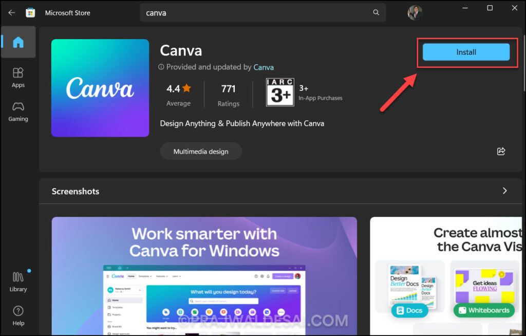 Install Canva app from the Microsoft Store