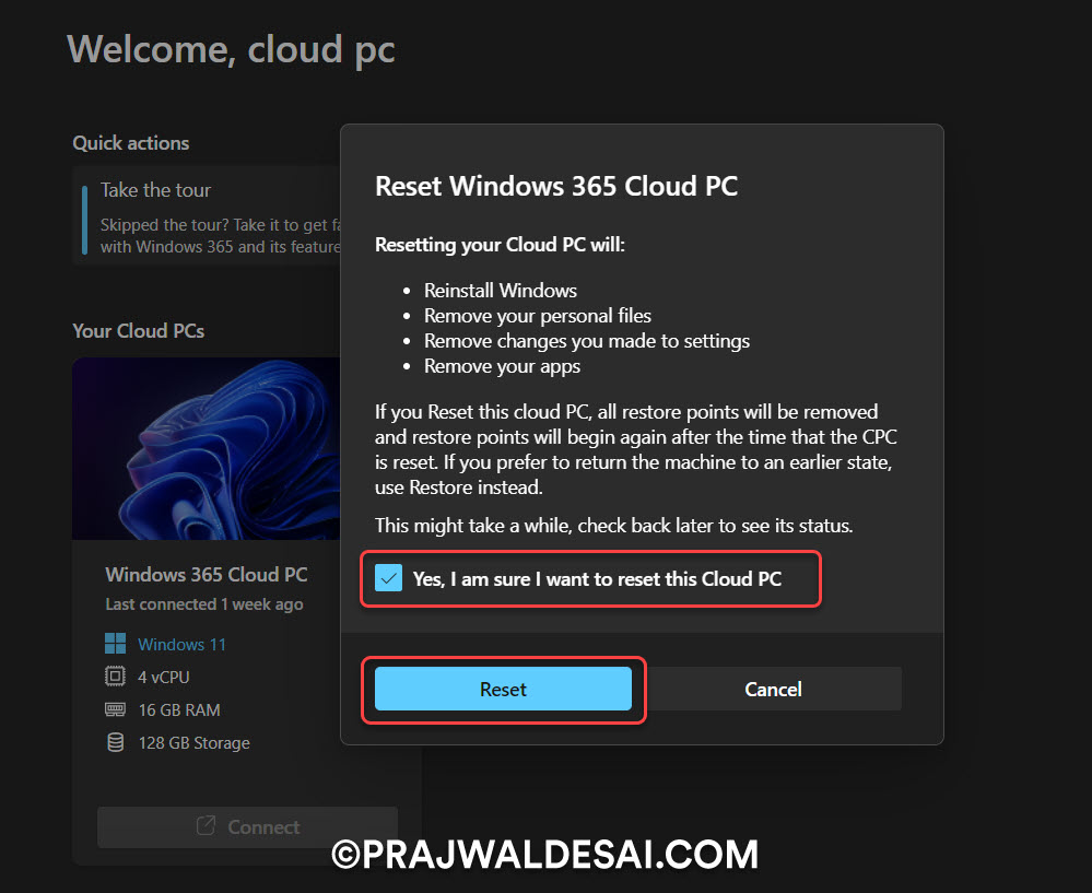 Perform Cloud PC Reset using Windows 365 App