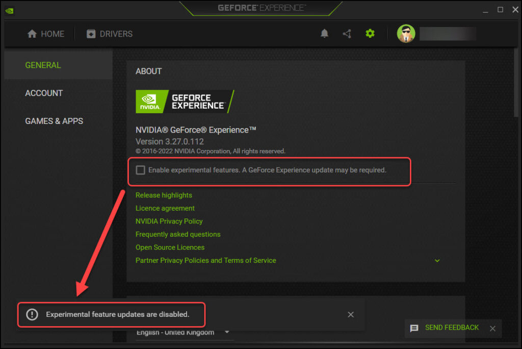 Disable GeForce Experience's Experimental Features