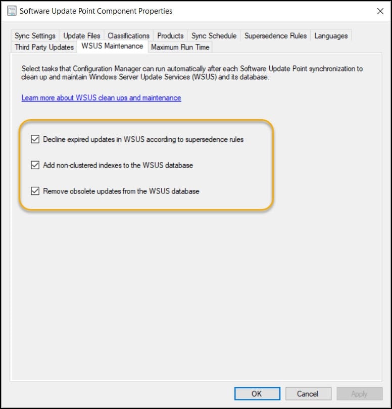 WSUS Maintenance Options