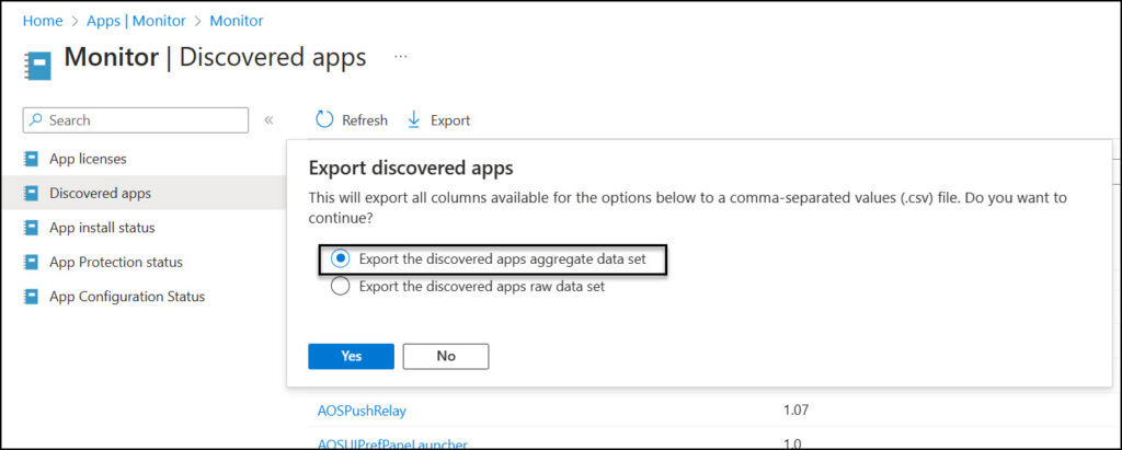 Export the discovered apps aggregate data set