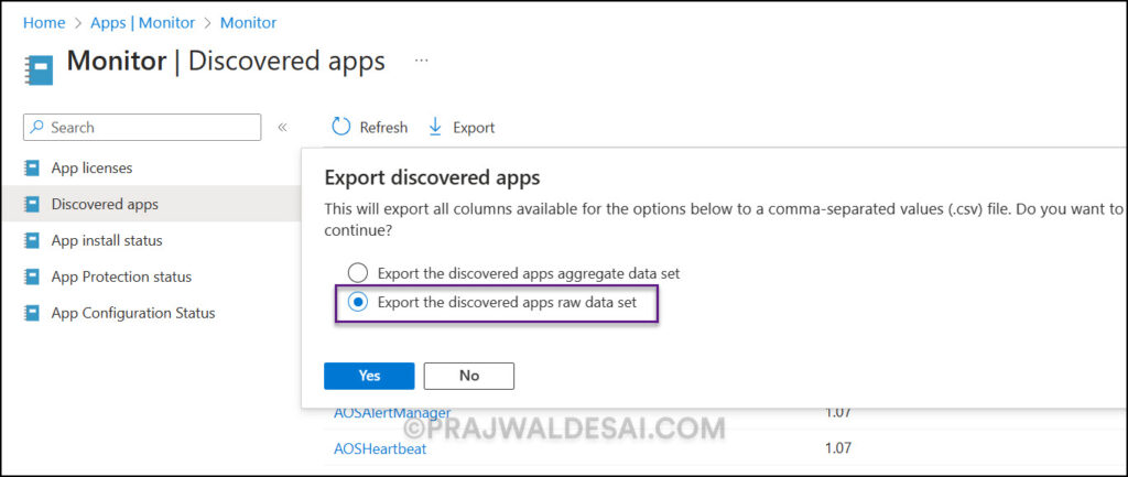 Export the discovered apps raw data set Report