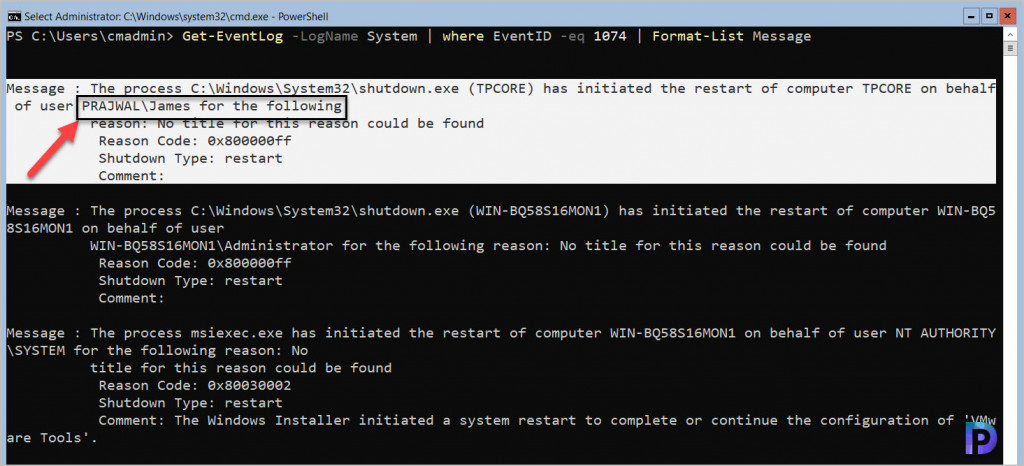 Find Who Restarted Windows Server Core