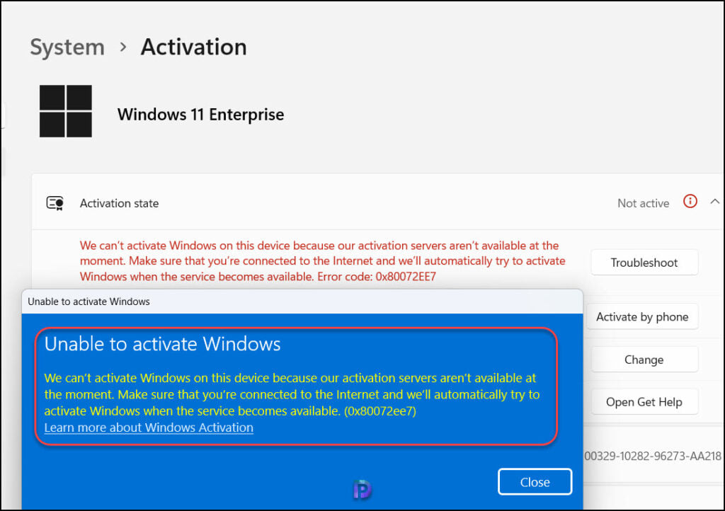 Windows Activation Error 0x80072ee7