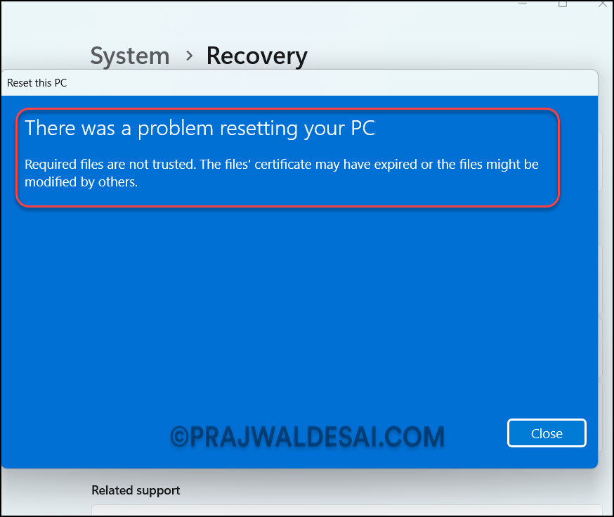 Required Files are not trusted during Windows PC Reset
