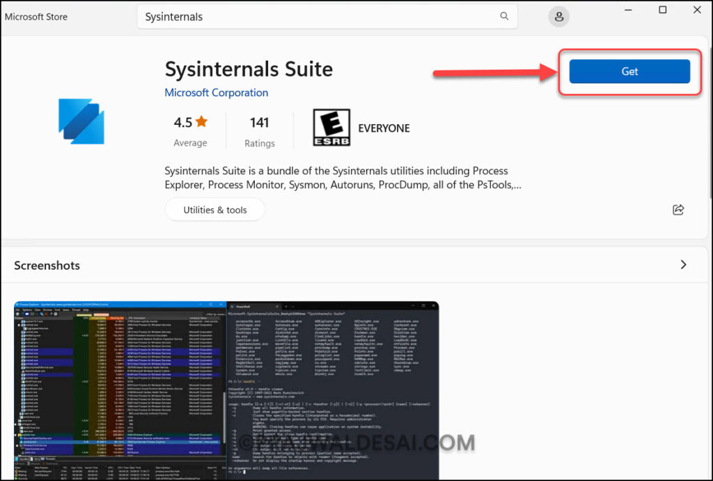 Install SysInternals Suite from Microsoft Store