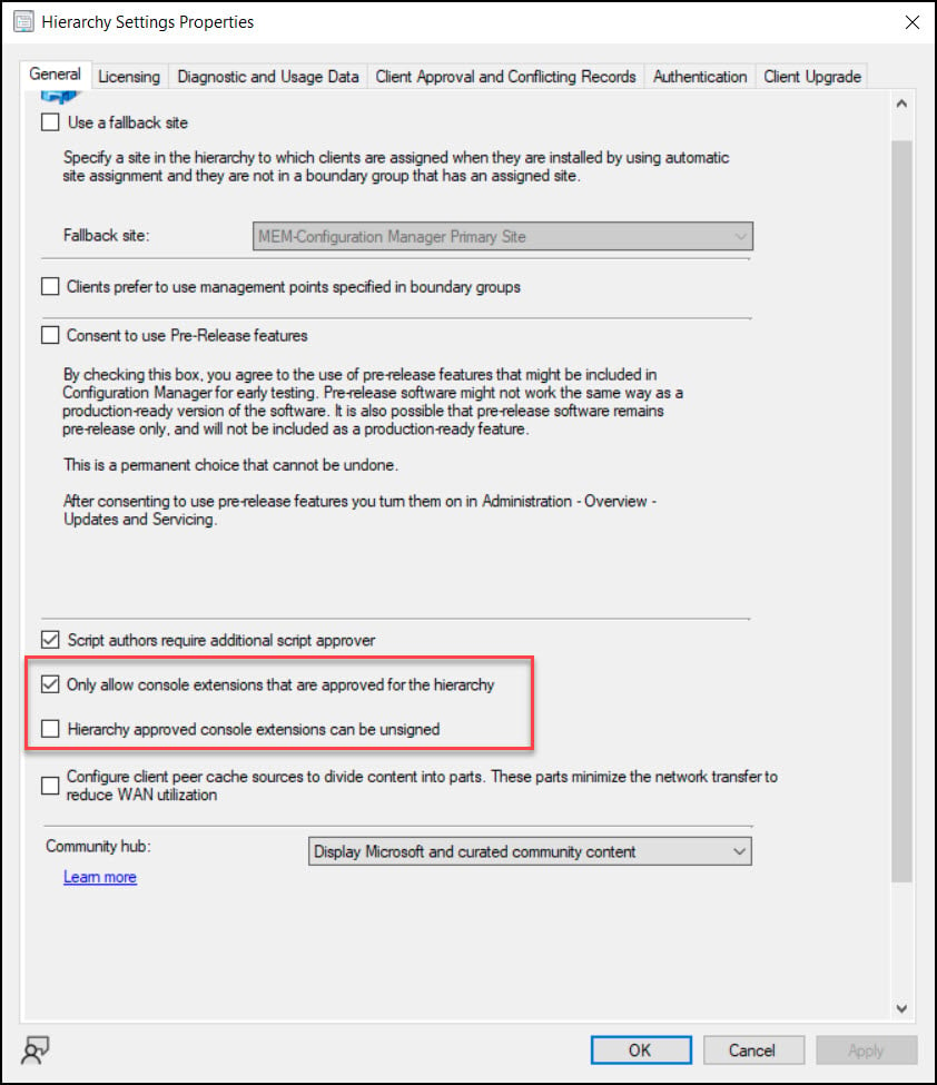 Hierarchy Settings for SCCM Console Extensions