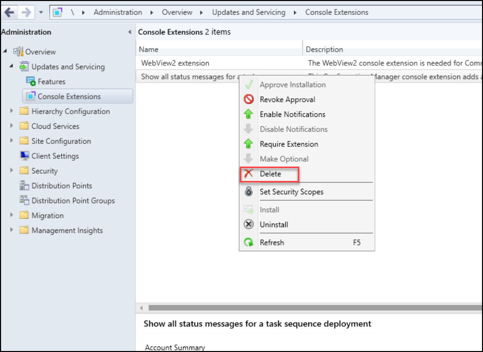 Delete SCCM Console Extensions