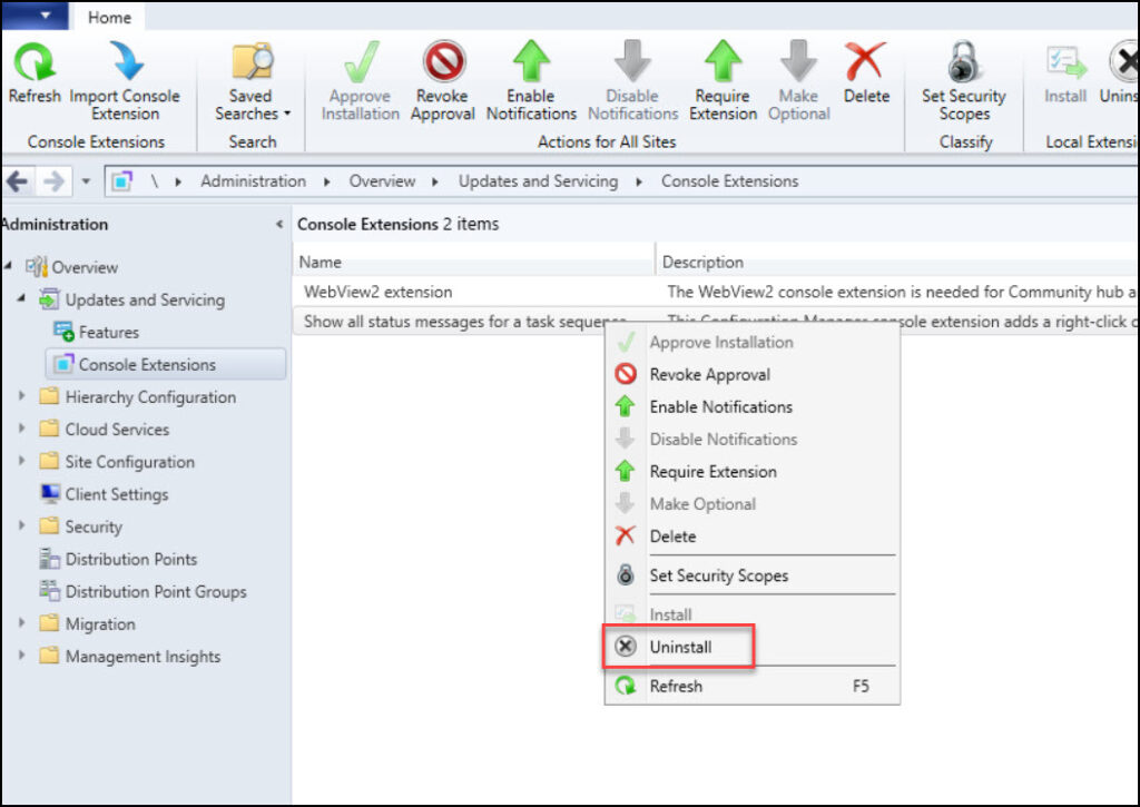 Uninstall Console Extension from Configuration Manager Console