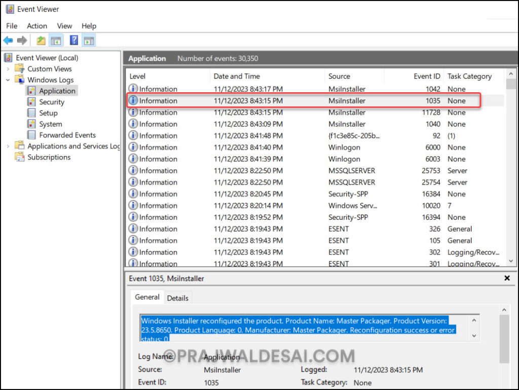 Monitor Master Packager Repair using Event Viewer