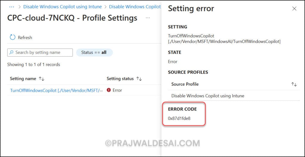 Intune Disable Copilot Error 0x87d1fde8