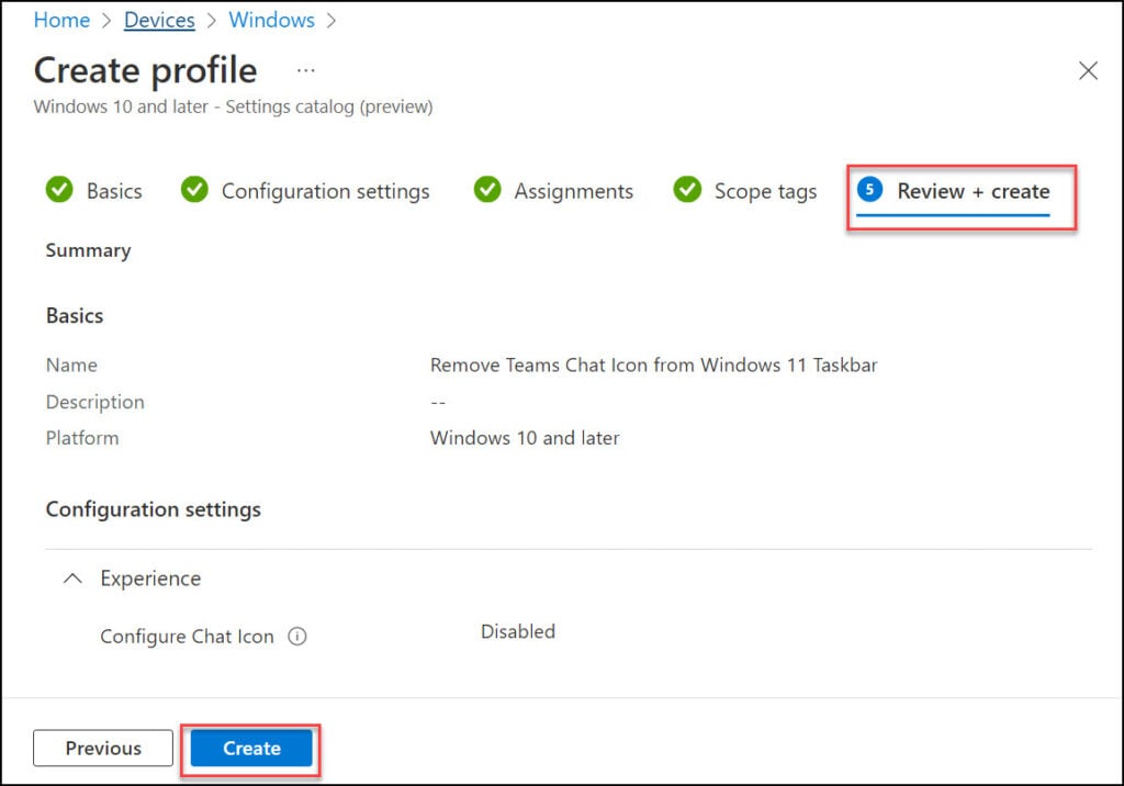 Intune Configuration Profile - Remove Chat Icon from Windows 11 Taskbar