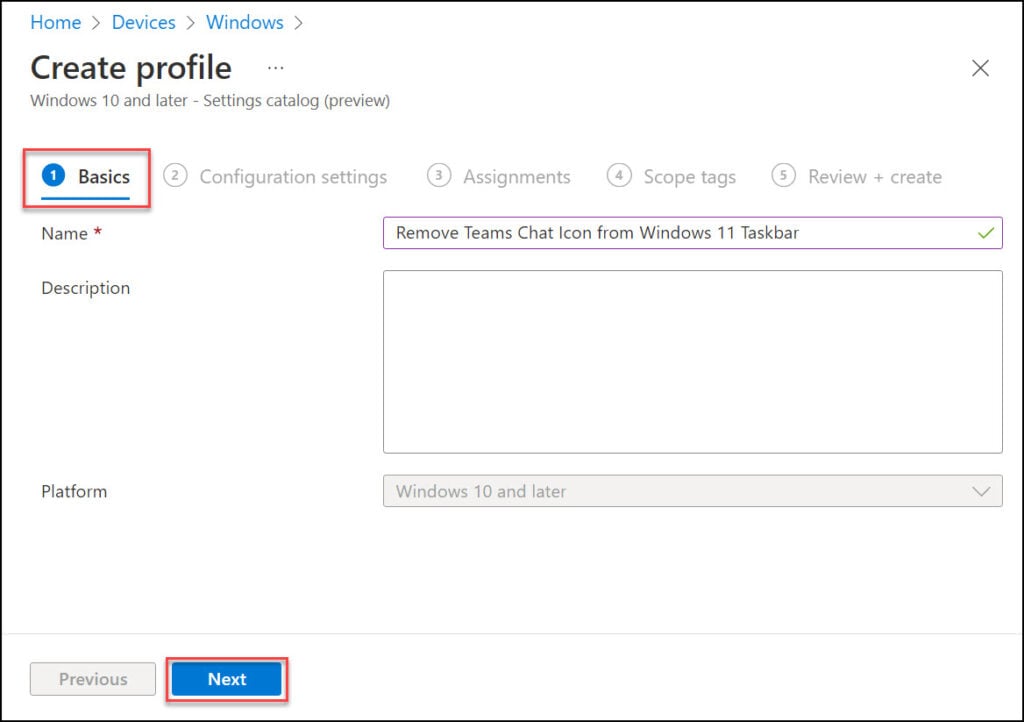 Create Intune Configuration Profile | Remove Teams Chat Icon