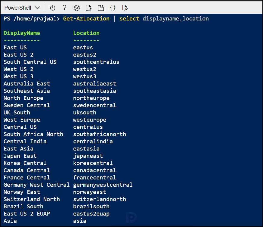 List all Azure Regions using Cloud Shell