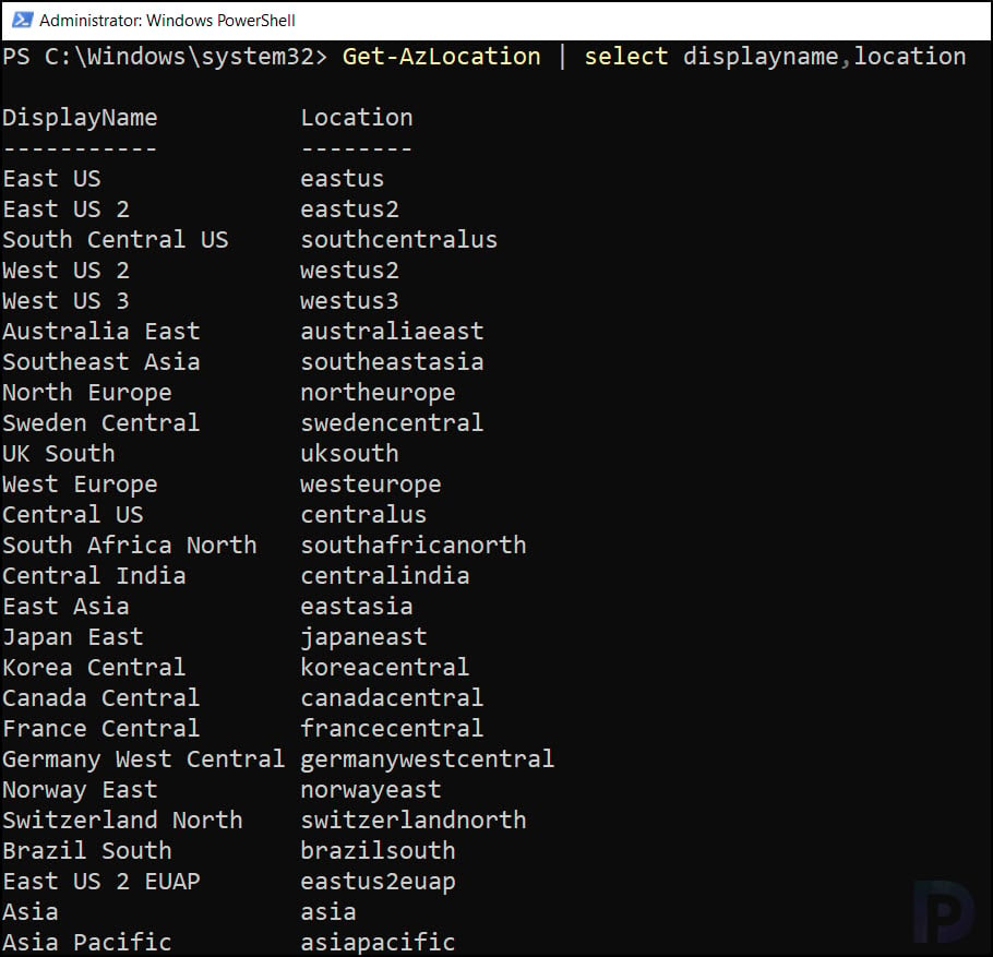 List all Azure Regions using PowerShell