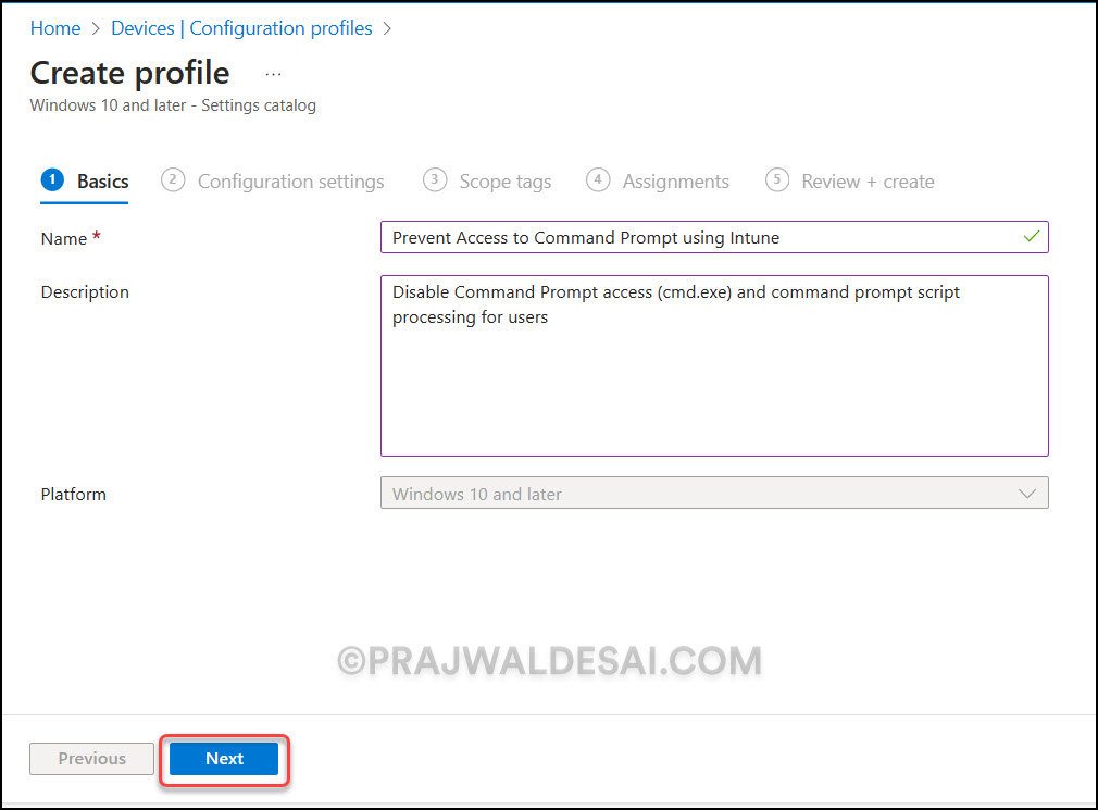 Create Intune Configuration Profile to Block Command Prompt