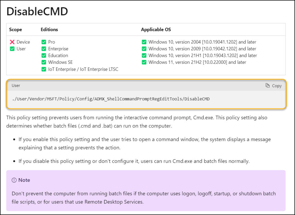 OMA-URI Settings to DisableCMD using Intune