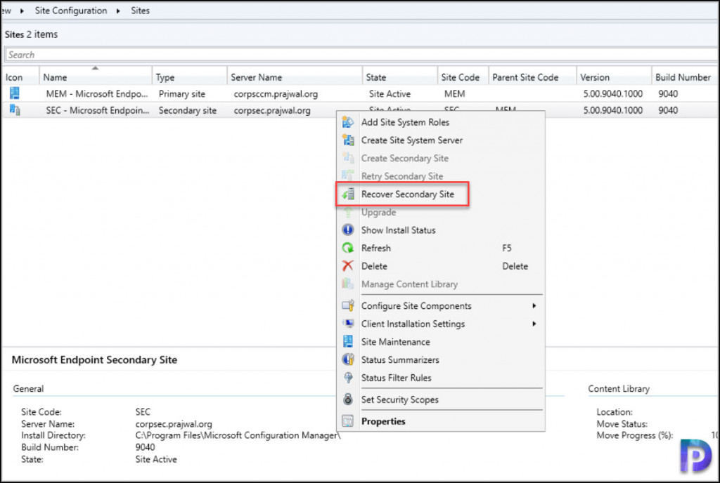 Begin Recover SCCM Secondary Site