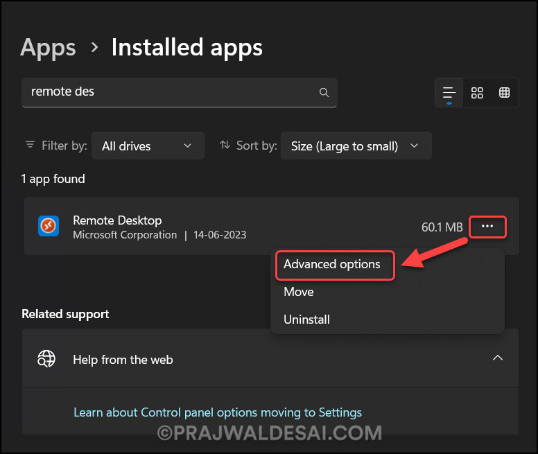 Repair Remote Desktop App via Settings