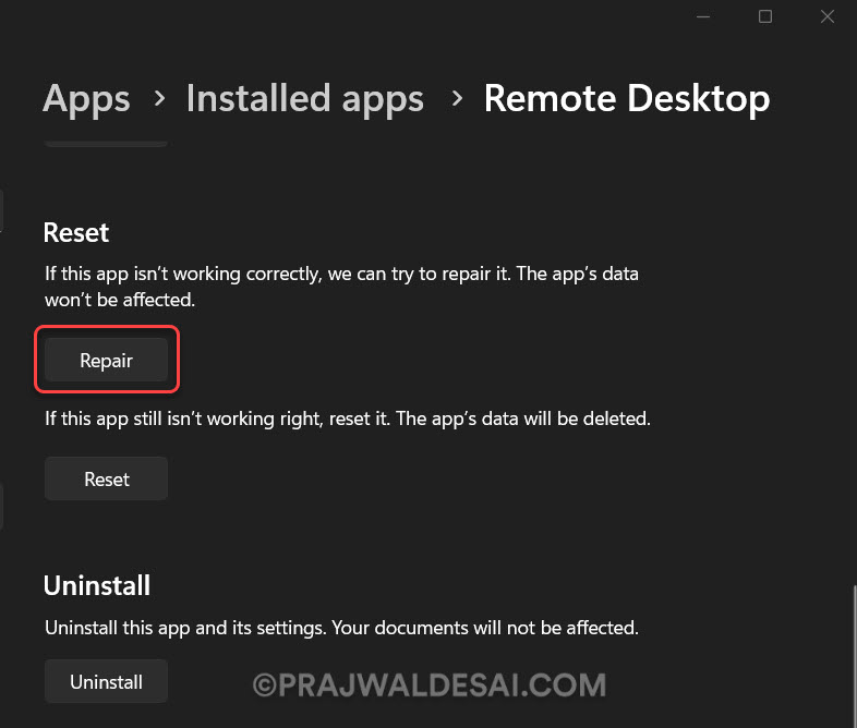 Repair Remote Desktop App via Settings