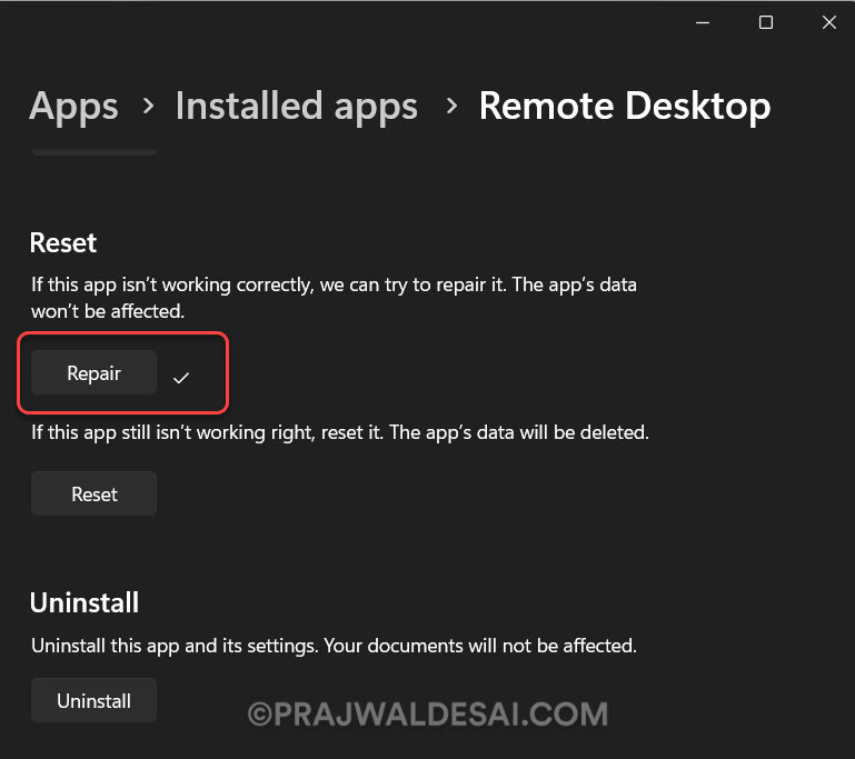 Repair Remote Desktop App via Settings